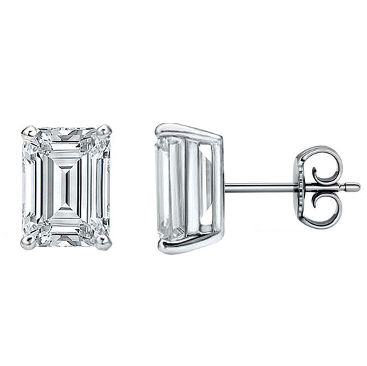 Platinum 4-Prong Basket Emerald Cut Push Back Stud Earrings. Available From .25 Carat To 10 Carat.